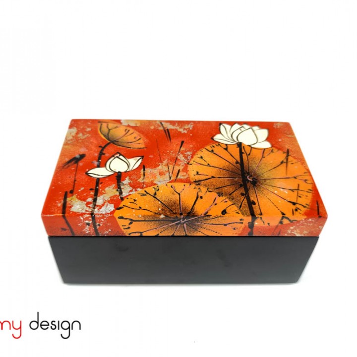 Black rectangular box with orange lid, hand-painted lotus 8*14*H5cm